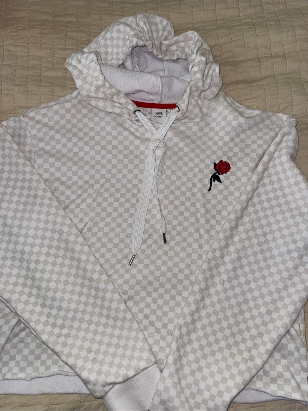 Vans Cream Checkered Hoodie with Red Neck Trim
